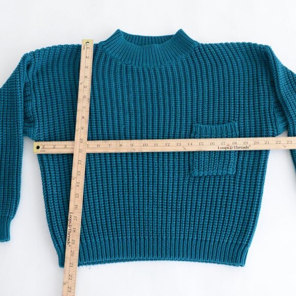 Vintage Magnet Teal Solid Knit Mock Neck w Chest Pocket Cropped Sweater M - Picture 2 of 9